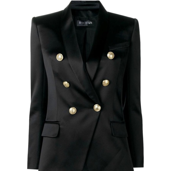 Balmain Double-Breasted Silk-Satin Blazer — Black, Gold Buttons, FR 36 (US 4) - Picture 1 of 11